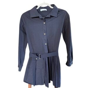 Zara Navy Blue Girls 13-14 Chunky Beltt Pleated Long Sleeve Button Mini Dress